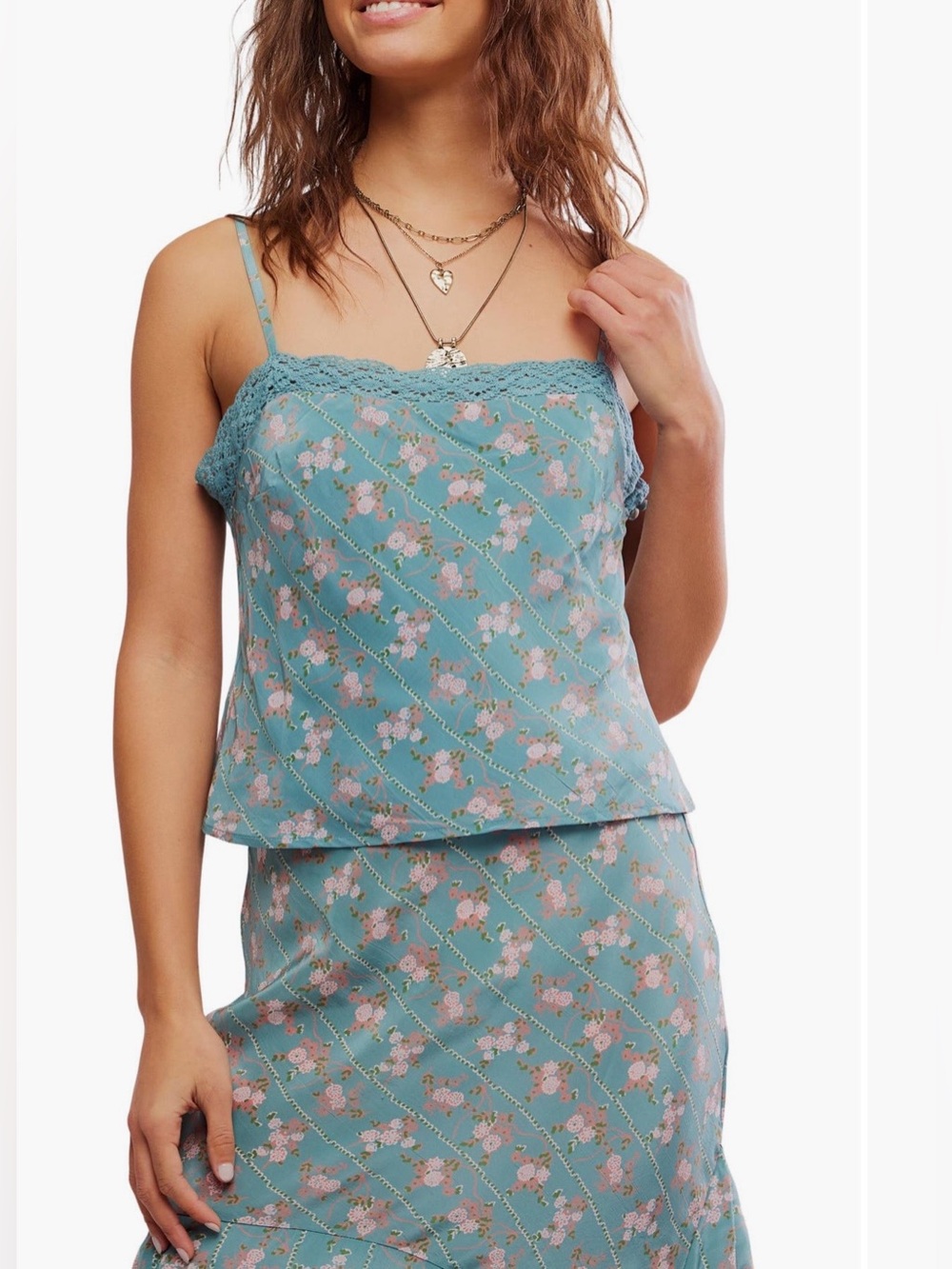 Free People Bali Margot Lace-Trim Cami NWT Mineral Blue Combo 💯 Viscose
